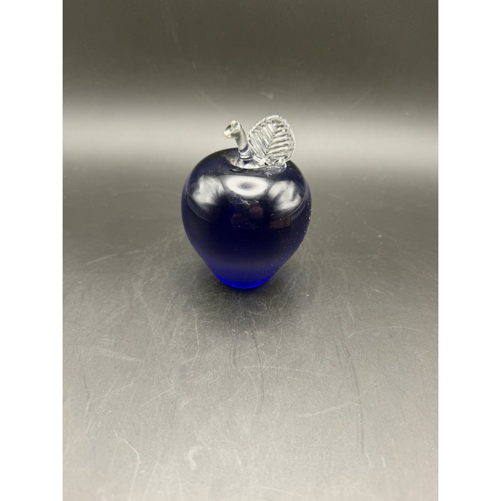 Signed Cobalt Blue Art Glass Apple Paperweight Clear Stem and Leaf